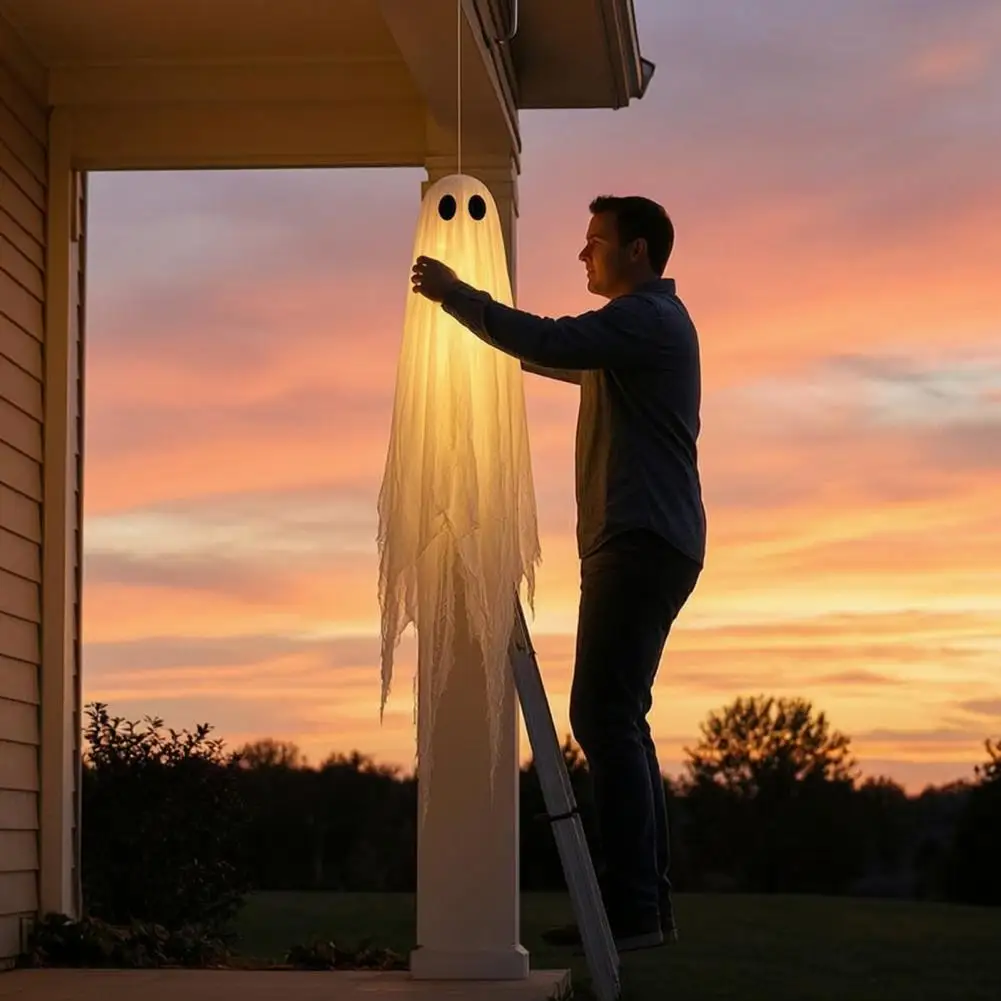 Battery Operated Glowing Ghosts 3 Pcs Hanging Ghosts Double-layer Fabric Halloween Decorations Outdoor Spooky Flying Ghosts