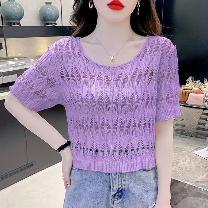 

Women's Hollow out Knitted Summer T-irt Ice Silk Thin ort Sve Loose Fit round Ne Top Faionable Casual Wear