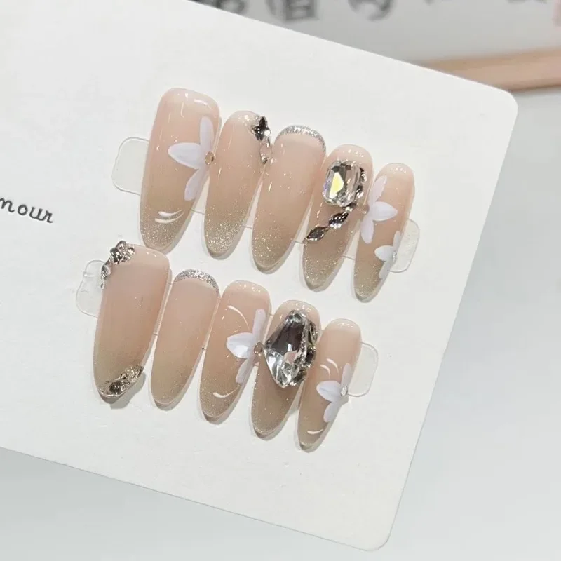 10 Stks/set Volledige Dekking Valse Nagels Pers Op Nagels Nep Nagels Diy Pure Handgemaakte Verwijderbare Nude Cat Eyes Franse Flash Diamanten