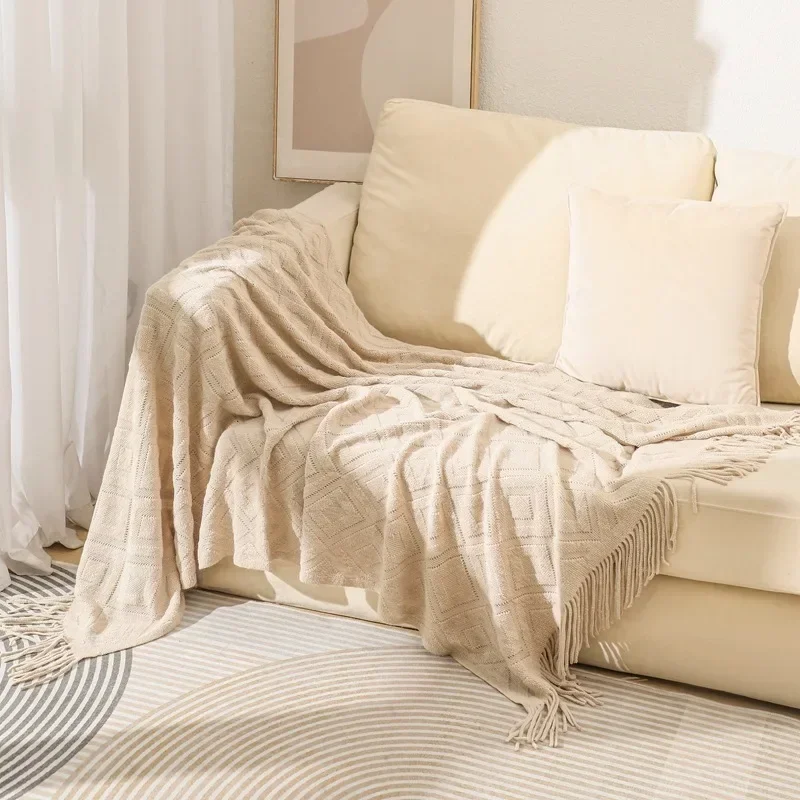 Knitted Blanket with Tassel  Fashional Jacquard Small Blanket Diamond Shaped American Casual Blanket For Home Bed Travel Nap