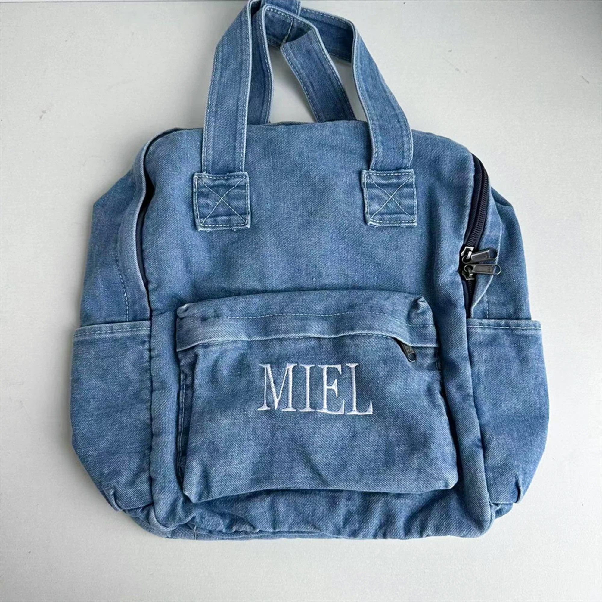 New Fashion Women's Denim Backpack Personalized Name Ladies Travelling Totes Custom Outdoor Denim Shopping Tote Bags