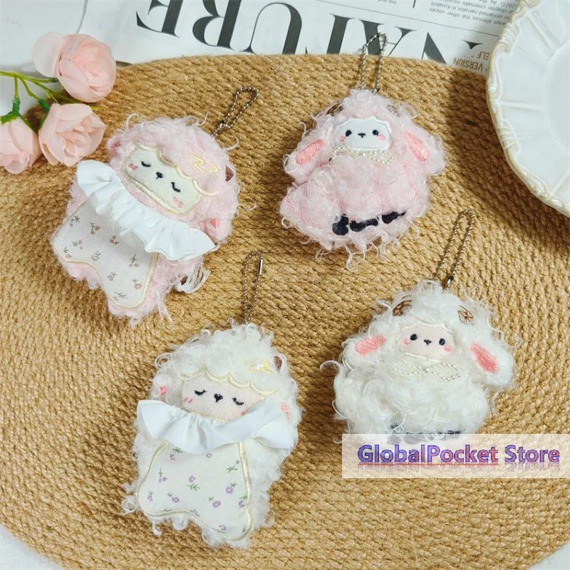 [TG823]Cute Fluffy Sleeping Sheep Plush Pendant With Ruffle Collar Floral Print For Bag Decor Girl Gifts