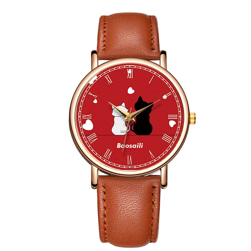 Minimalism Women's Quartz Watch White Cat And Black Cat Love Watch Animal Minority Personality Ladies Watch Waterproof Watch