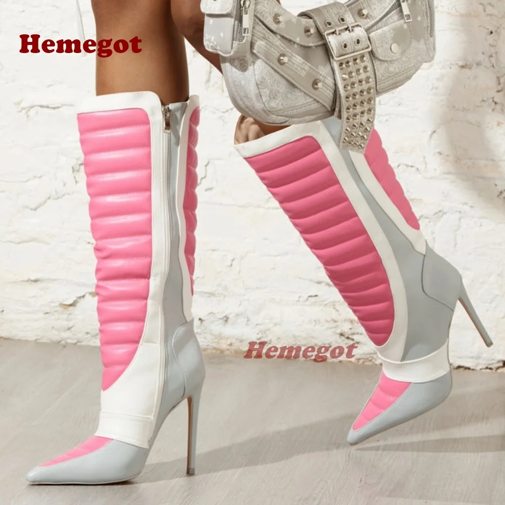 

Pink Splicing Motorcycle Boots Pointy Toe Stiletto Heels Women's Knee High Boots Side Zipper Patchwork Winter Casual Shoes Sexy