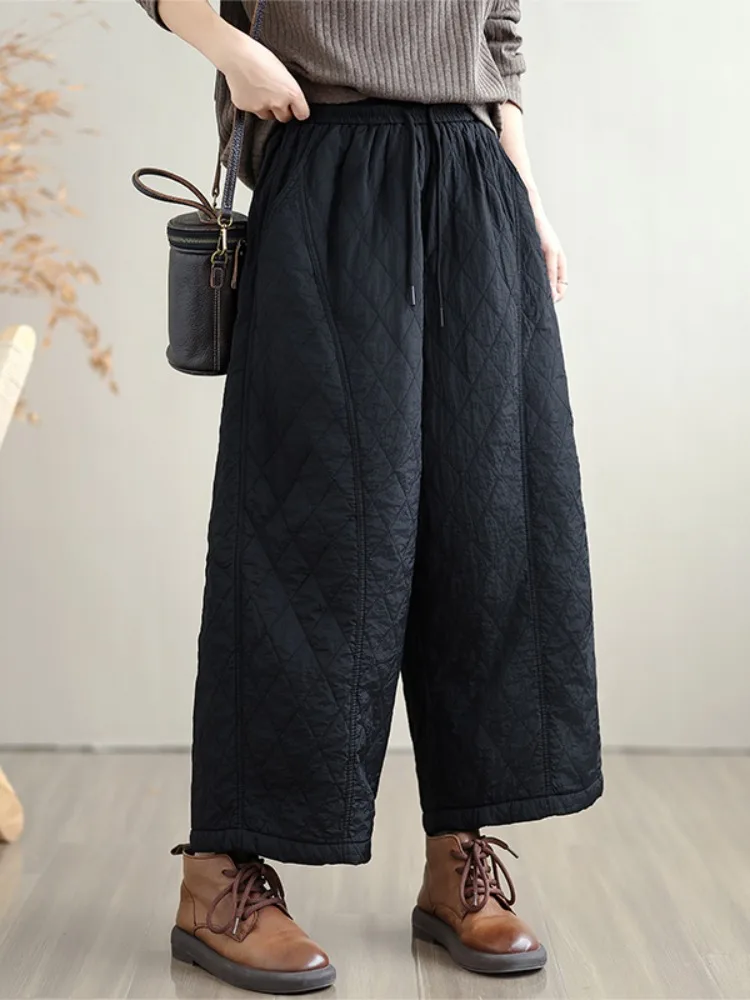 プラスサイズの女性の綿麻ワイドレッグパンツハイウエストストレートカットホームパンツ冬暖かいThienedカジュアルパンツ