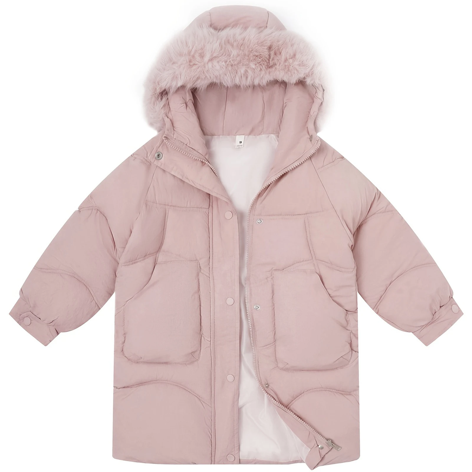 Girls Long Winter Puffer Coat,Faux Fur Hood Warm Quilted Coat,Kids Windproof Padded Parka,Children's Snow Jacket with Big Pocket