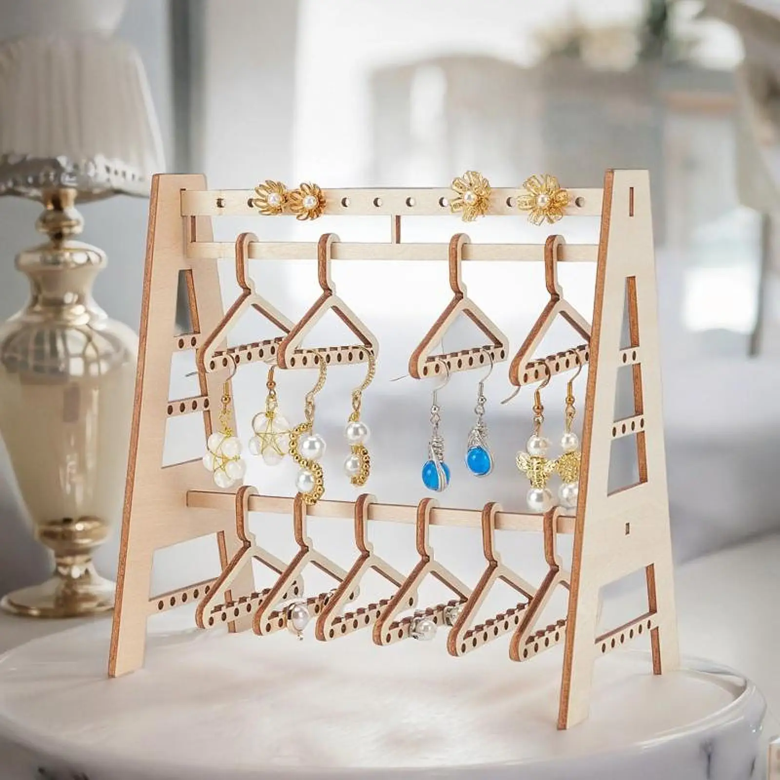 Earring Display Stand, Jewelry Organizer, Wood Jewelry Display Holder, Earring Holder Mini Coat Hanger Rack for Dresser