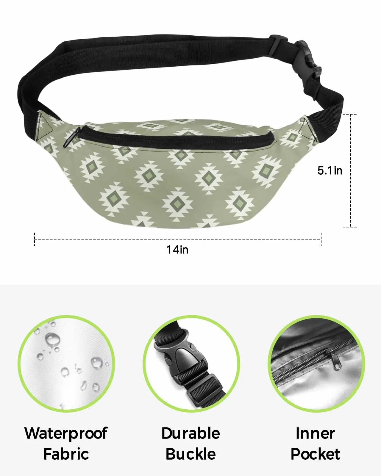 Bohemian Aztec Moroccan Rural Farmhouse Green  Women Waist Bag Fanny Pack Belt Bag Wallet Pouch Waterproof Banana Hip Bags