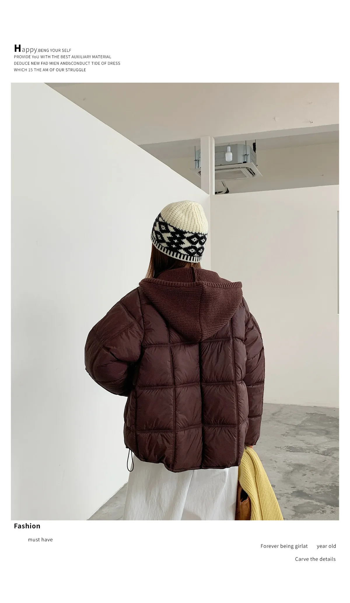 Korean Knit Hood Patchwork Short Puffer Jacket Women Loose Lightweight Warm Padded Parkas Women Solid Color Zipper Winter Jacket