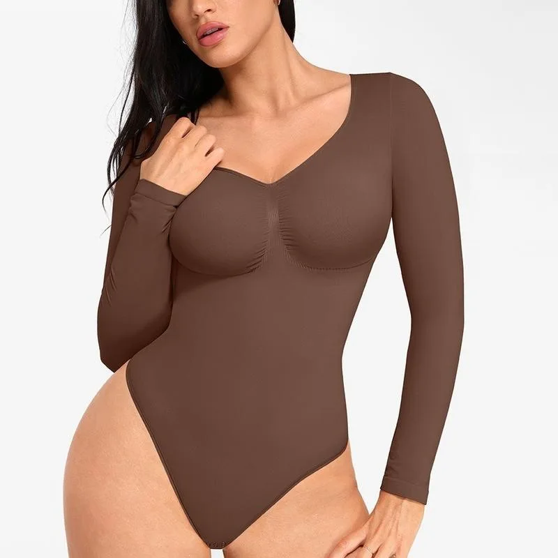 Nahtloser Langarm-Bodysuit für Damen, Langarm-Damen-Body, Streetwear, sexy Bodycon-Oberteil mit quadratischem Ausschnitt, eng anliegend, mit Schritt, Overall-Top – Detail 4