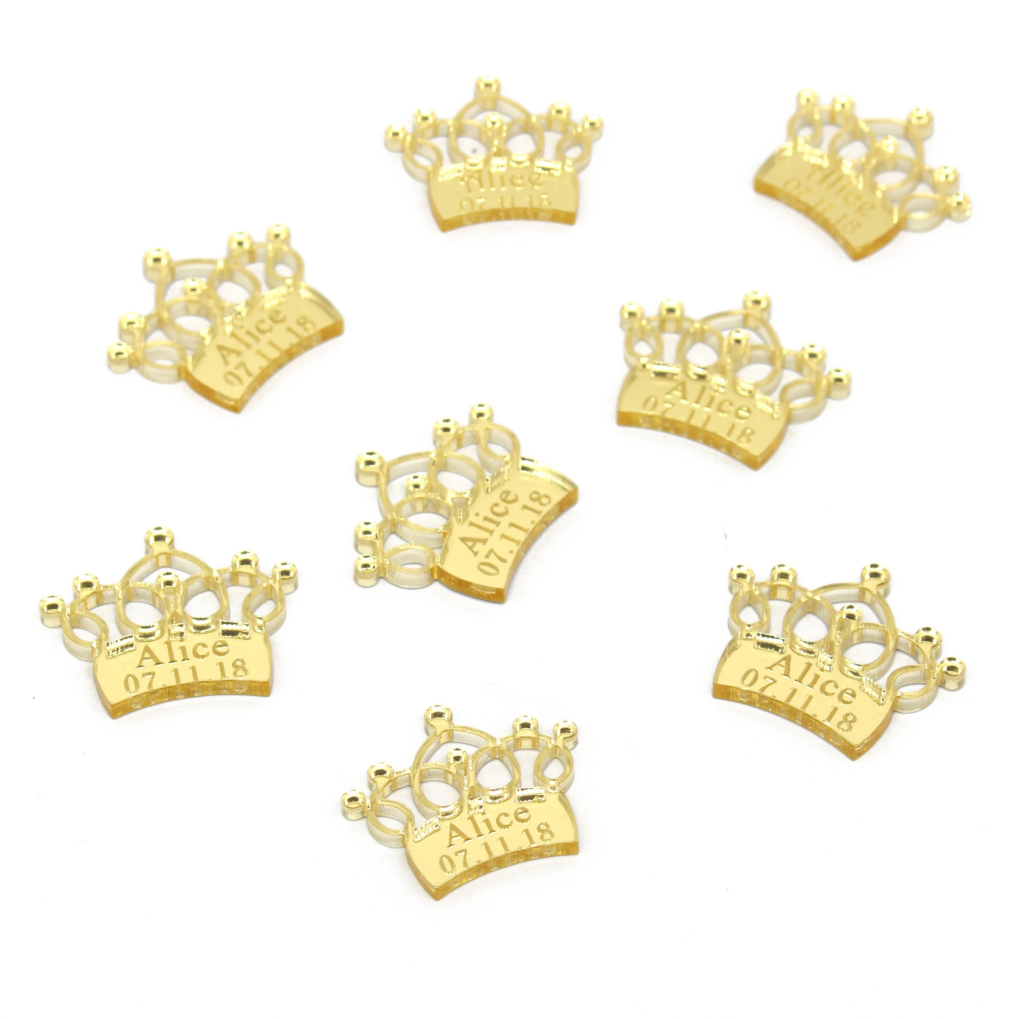 30/50/100pcs Personalized Mirror Crown Wedding Tags Table Center Decor Card Acrylic Baby Name Sign Party Favors Laser Cut Gift