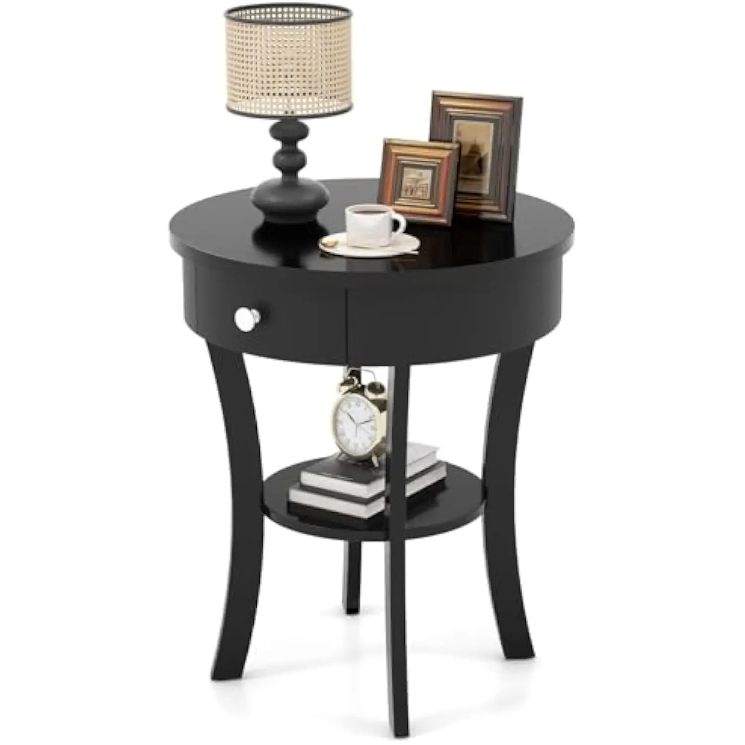 

Round End Table with Drawer, 2-Tier Wood Side Table w/Open Shelf, Small Sofa Side Table for Small Space, Multipurpose Accent T