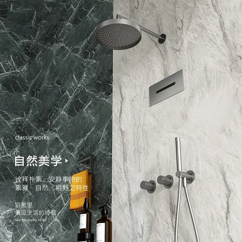 Premium Brushed Nickel Solid Brass Rainfall Shower System Recessed Bathroom Shower Set Triple-Function Hot Cold Shower Faucet