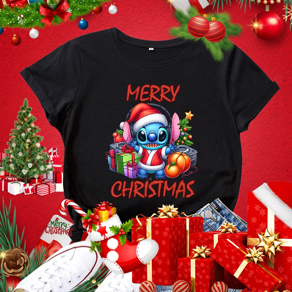 Camiseta feminina com estampa de Natal, blusa casual de manga curta, roupa solta, romance adulto, clássico