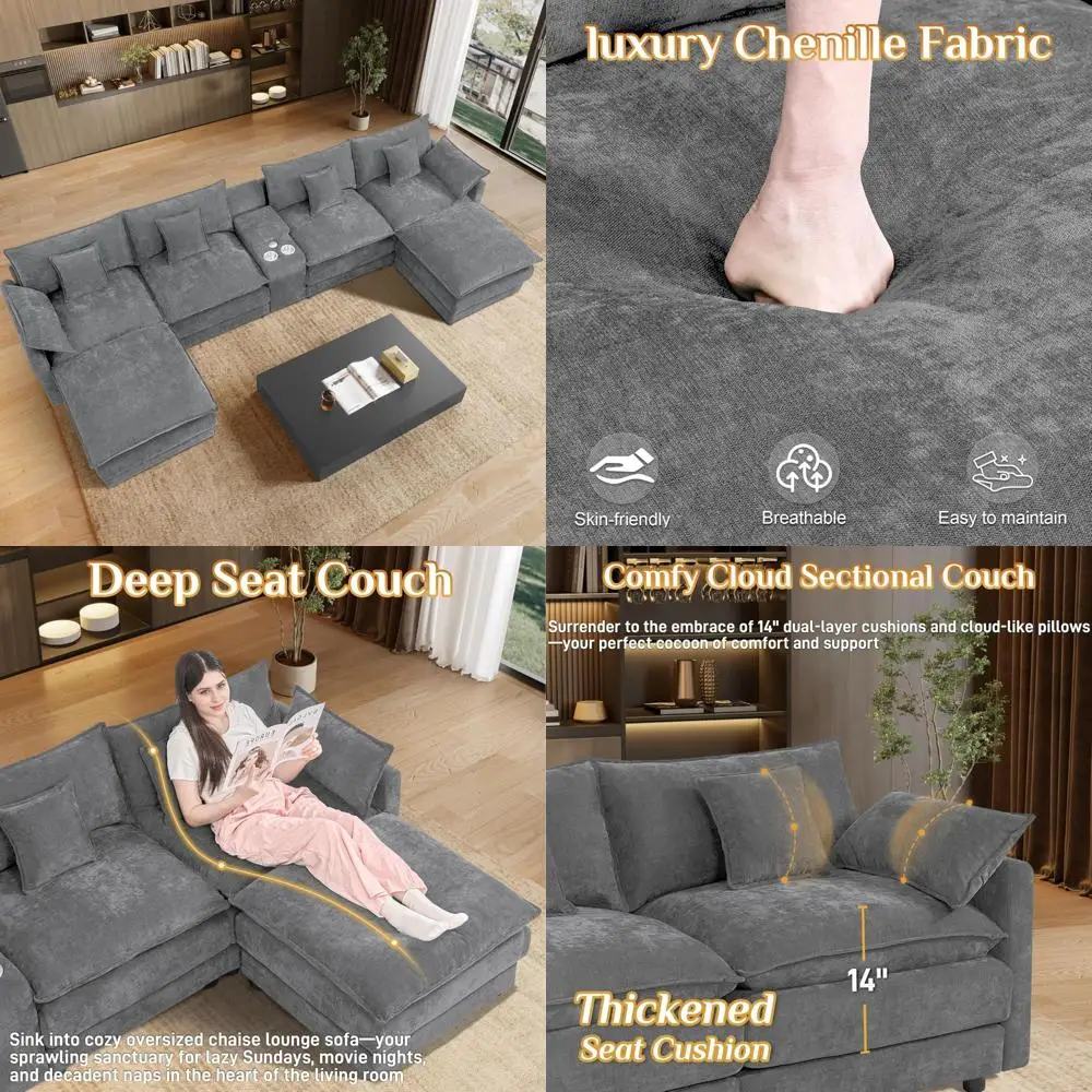 

"modern grey u-shaped cloud couch sectionals, 145" comfortable oversized modular sofas for living rooms, plush chenille fabric"