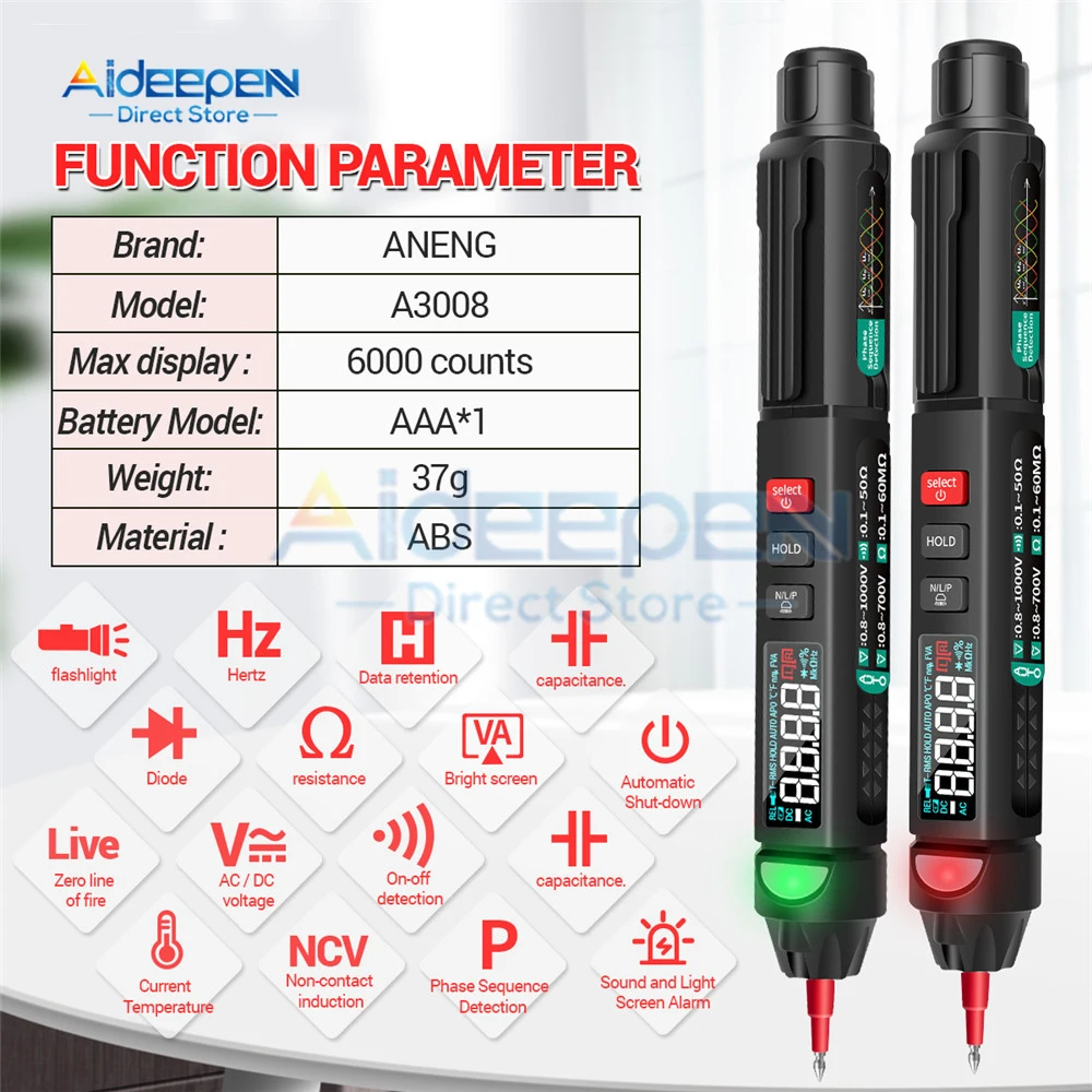 A3008 Digital Multimeter Auto Intelligent Sensor Pen Tester 6000 Counts NonContact Voltage Meter Multimetre polimetro