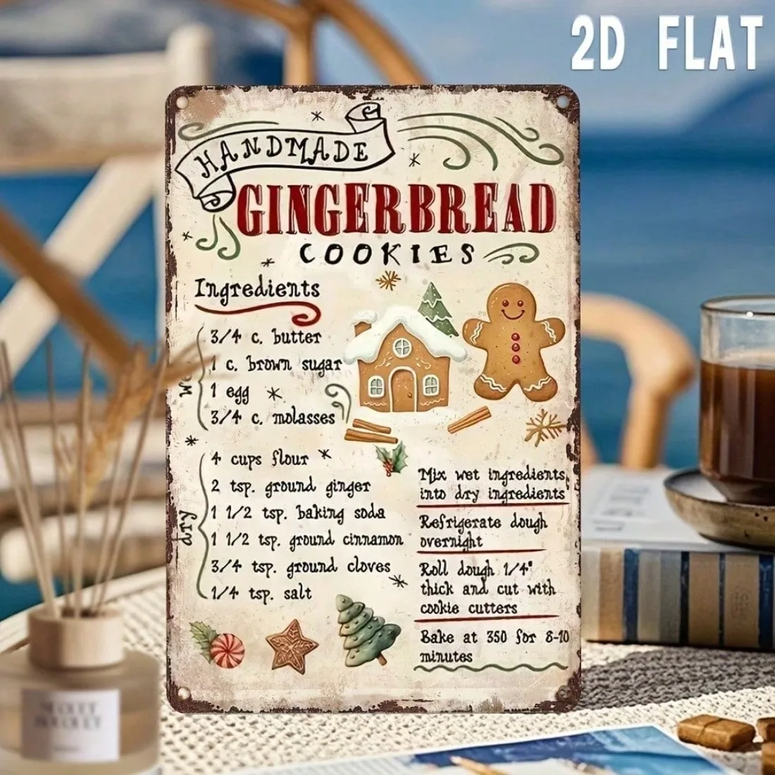 Letrero de metal retro 2D con receta de galletas de jengibre, placa de aluminio de 8x12 pulgadas con orificio para colgar, decoración de pared de cocina navideña