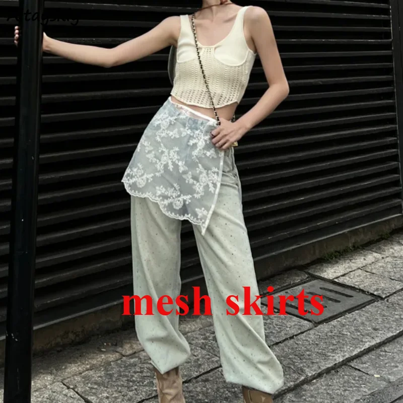 Mesh Skirts Women Floral Embroidery Trendy All-match Transparent Loose High Waist A-line Faldas Simple Korean Style Streetwear