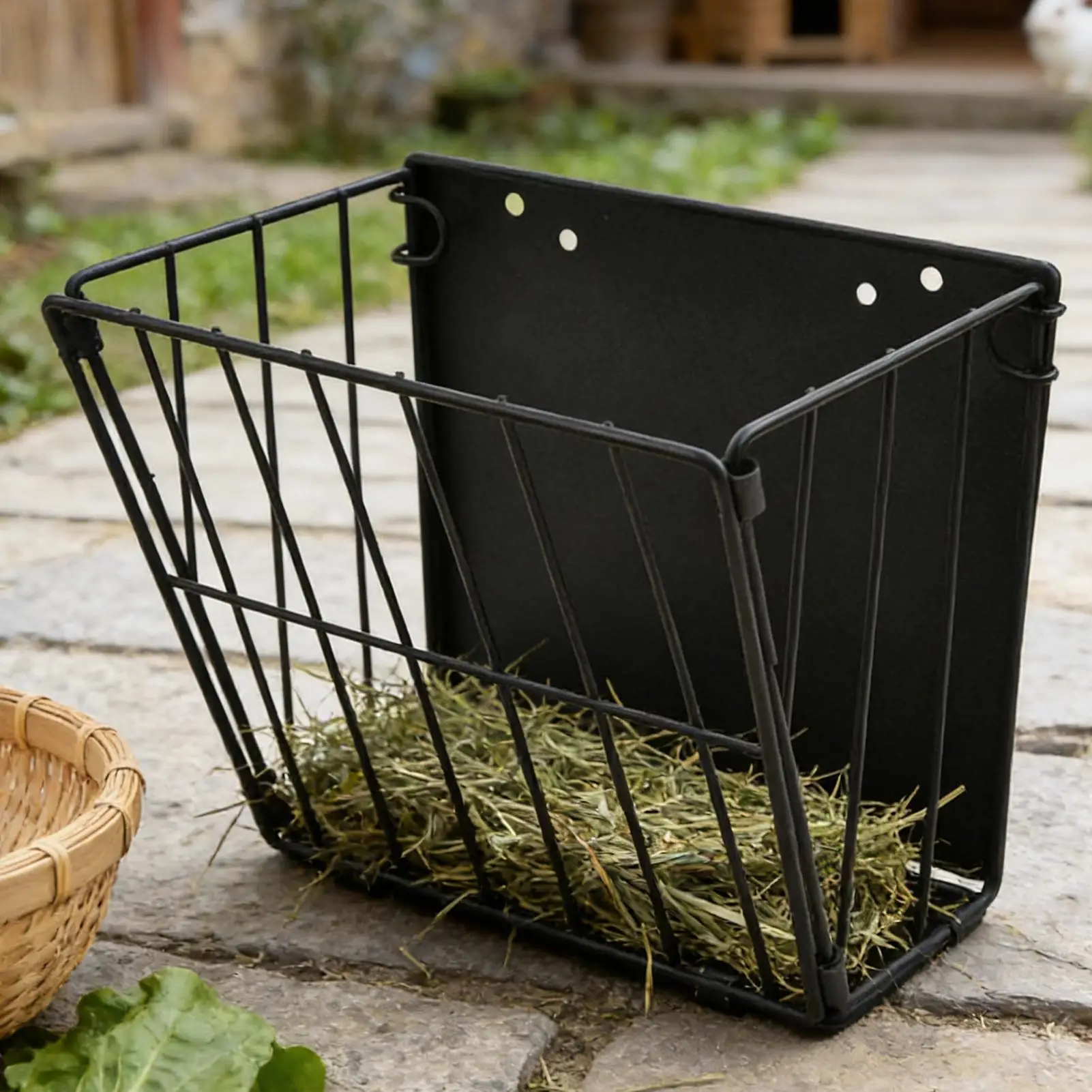 Comedero de Heno Plegable para Conejos con Caja de Almacenamiento de Snacks y Gancho, Estructura Metálica, para Conejos, para Pared de Jaula o Casa de Mascotas