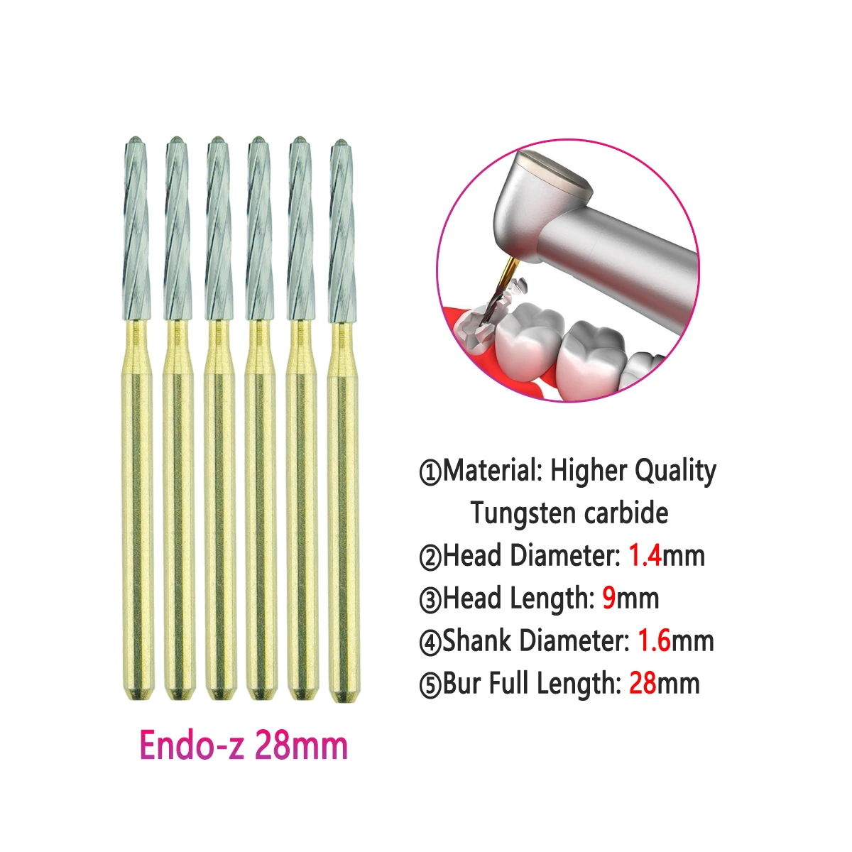 Broca Dental Série FG, Zekrya Tooth Extraction Burs, Endo Z Carbide, Tungsten Burs para alta velocidade Handpiece, 6pcs por caixa