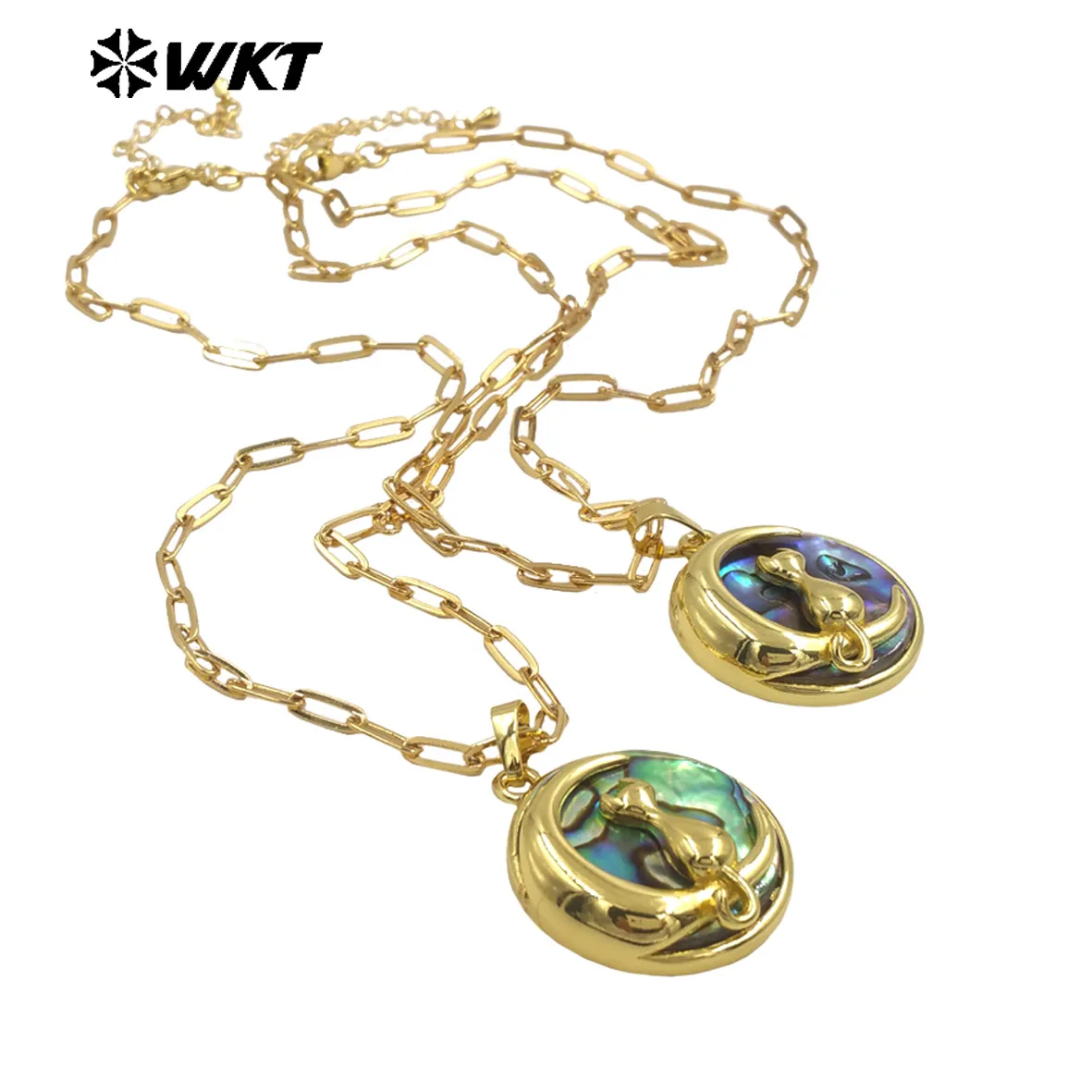 

WT-JN332 High Quality Gold Plated Rectangle Chain With Natural Abalone Shell Round Pendant Necklace For Ladies Vintage Jewelry