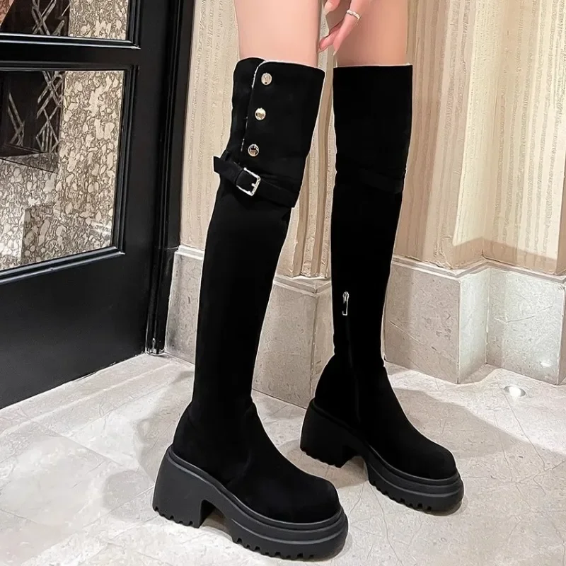 British Style Women's Boots Knee High Flock 2024 Autumn/Winter Round Head Side Zipper Office Work Shoe Square Heel Women Shoes