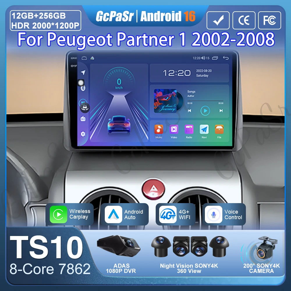 

Android 16 Car Radio For Peugeot Partner 1 2002-2008 GPS Navigation Android Auto Carplay Multimedia Player 4G Screen No 2din DVD