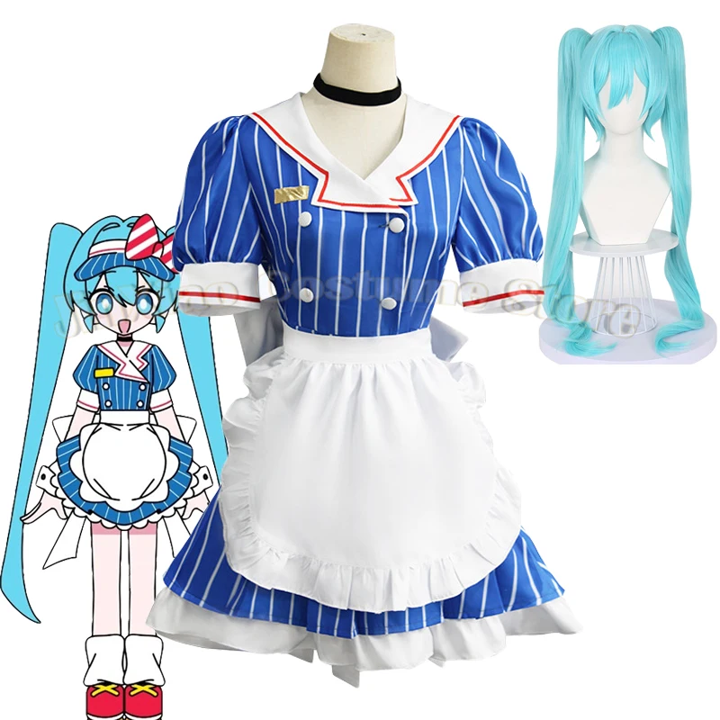 Mesmerizer Cosplay Anime Costumes femmes bleu rayé robe de chambre chapeau tablier costume uniforme Halloween noël carnaval robe de fête