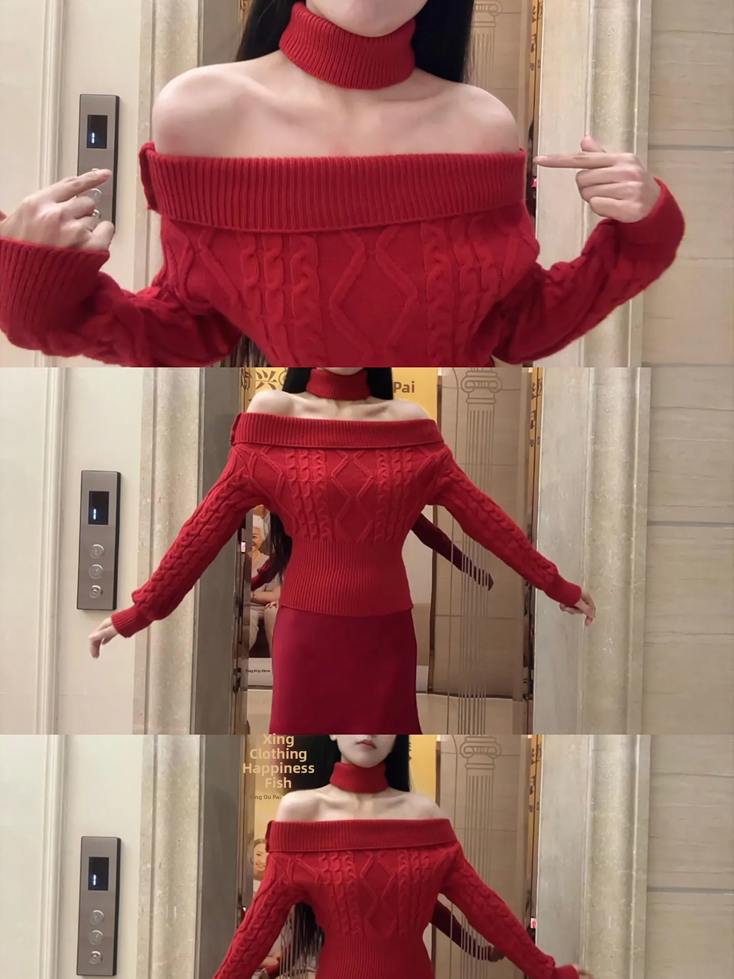 

Faionable Korean Sle Long Sve Knitted Top Women's Red Slim Fit Base Layer irt oulder Bared Ne Hanging Girl's irt