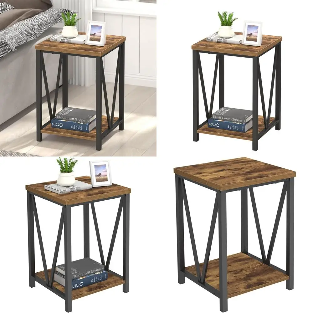 

Rustic Brown Industrial Metal & Wood Nightstand for Living Room and Bedroom