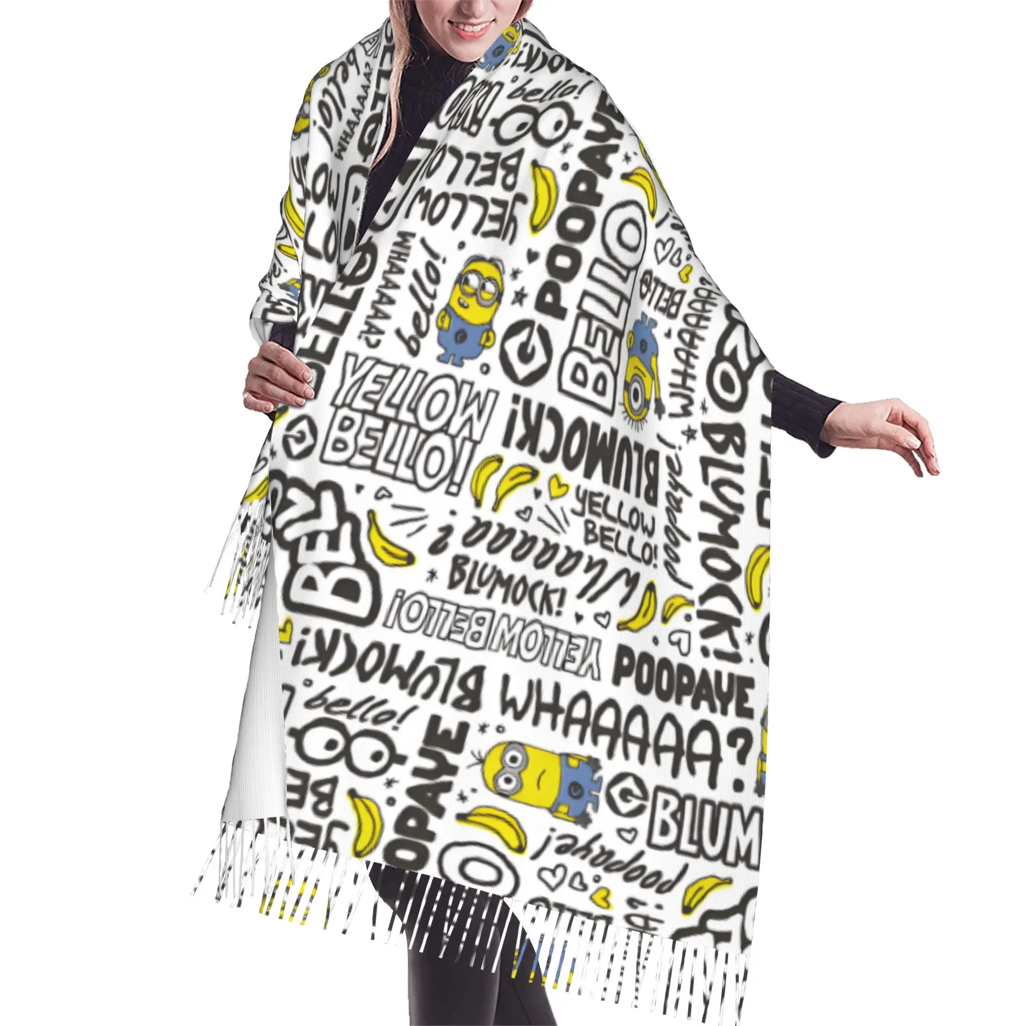 Custom M-Minioned Anime Scarf Wrap for Women Long Winter Fall Warm Tassel Shawl Unisex Manga Cartoon Scarves