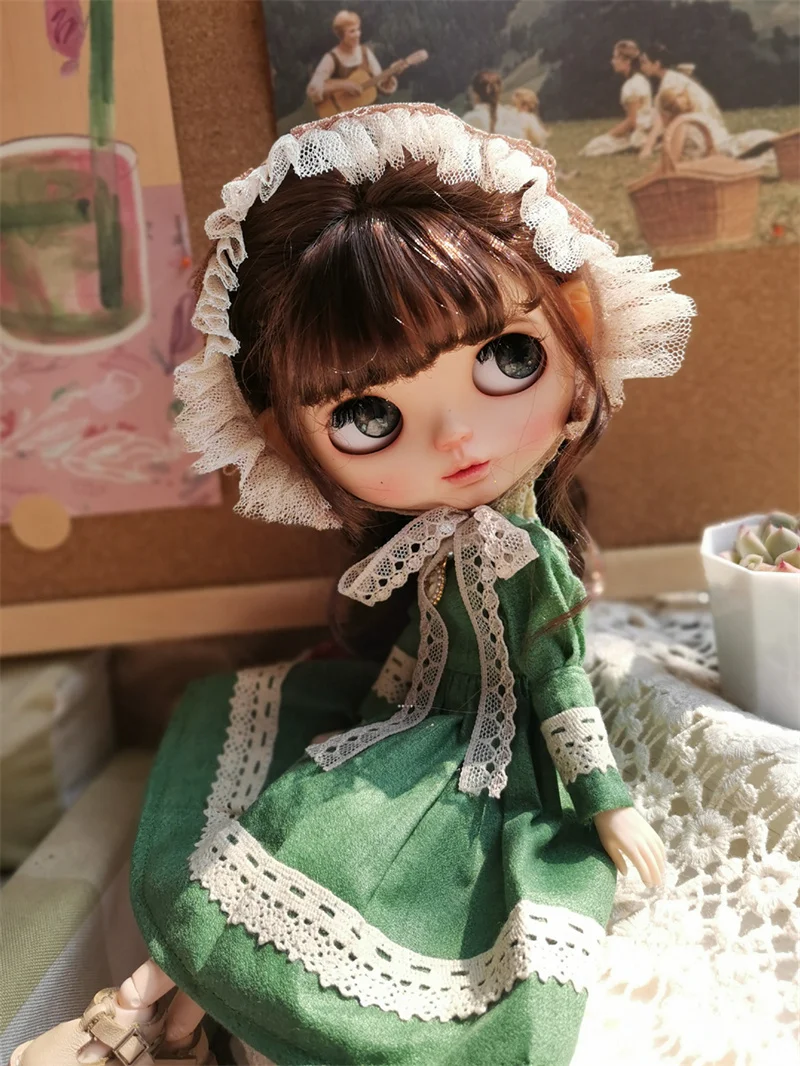 Blythe Size Dark green vintage embroidered lace print dress set 3 piece doll accessories