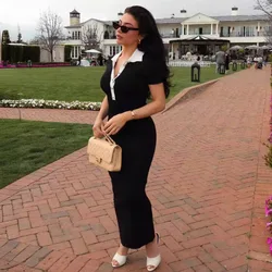 DSMTRC Women Work Button Dress Elegant Luxury Short-sleeve Long Dresses Solid Color Turn-down Summer Clubwear Party Vestido