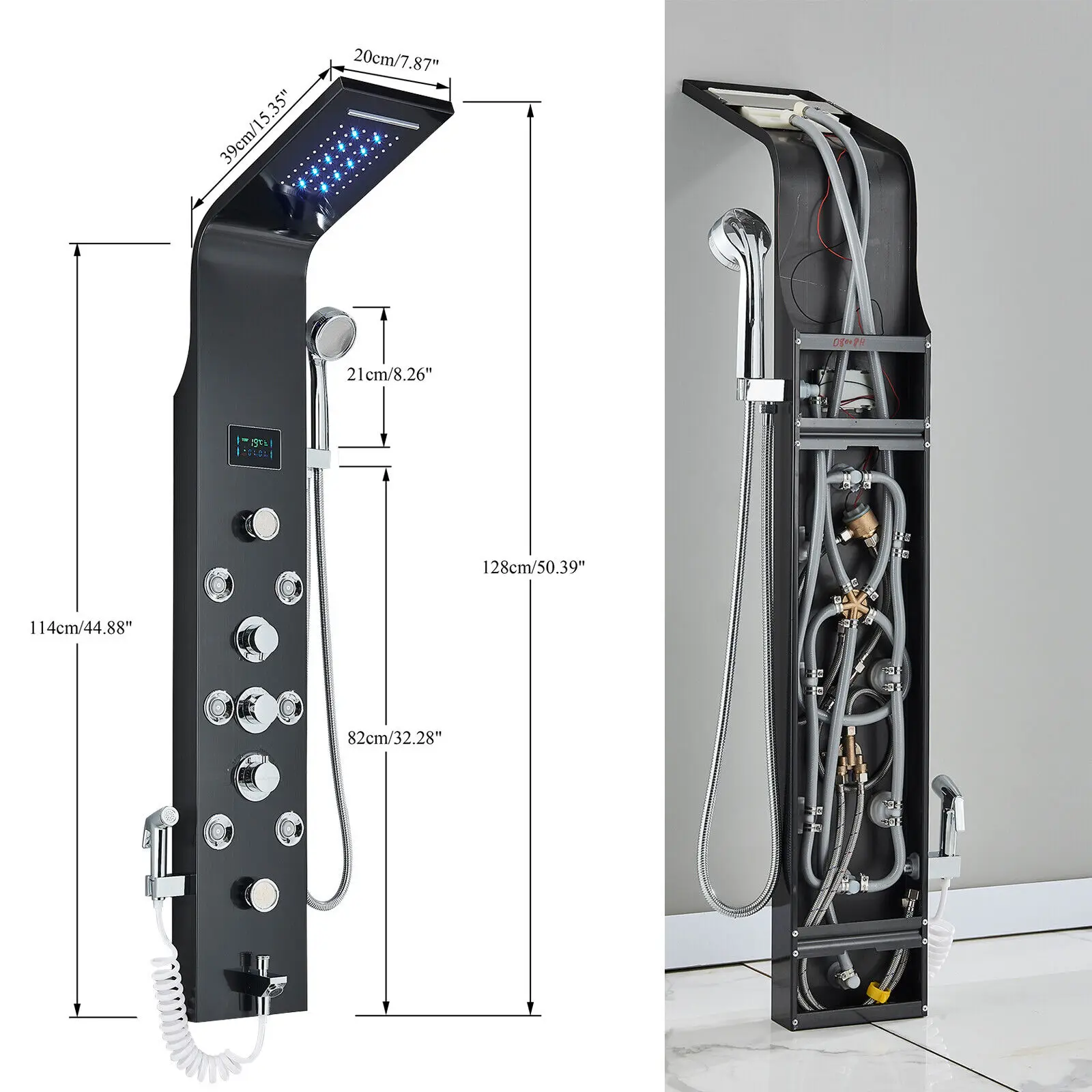 Czarny bateria prysznicowa z podświetleniem LED System kolumna prysznicowa strumień masujący SPA w łazience wodospad Panel deszczownica rączka