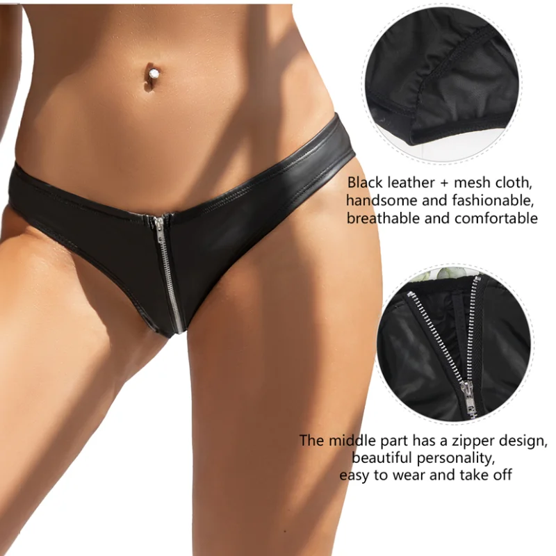 Mesh Leather Lingerie Briefs Transparent Sexy Panties Low-waist Zipper Underwear 5XL Plus Size Knickers Women Black Underpants