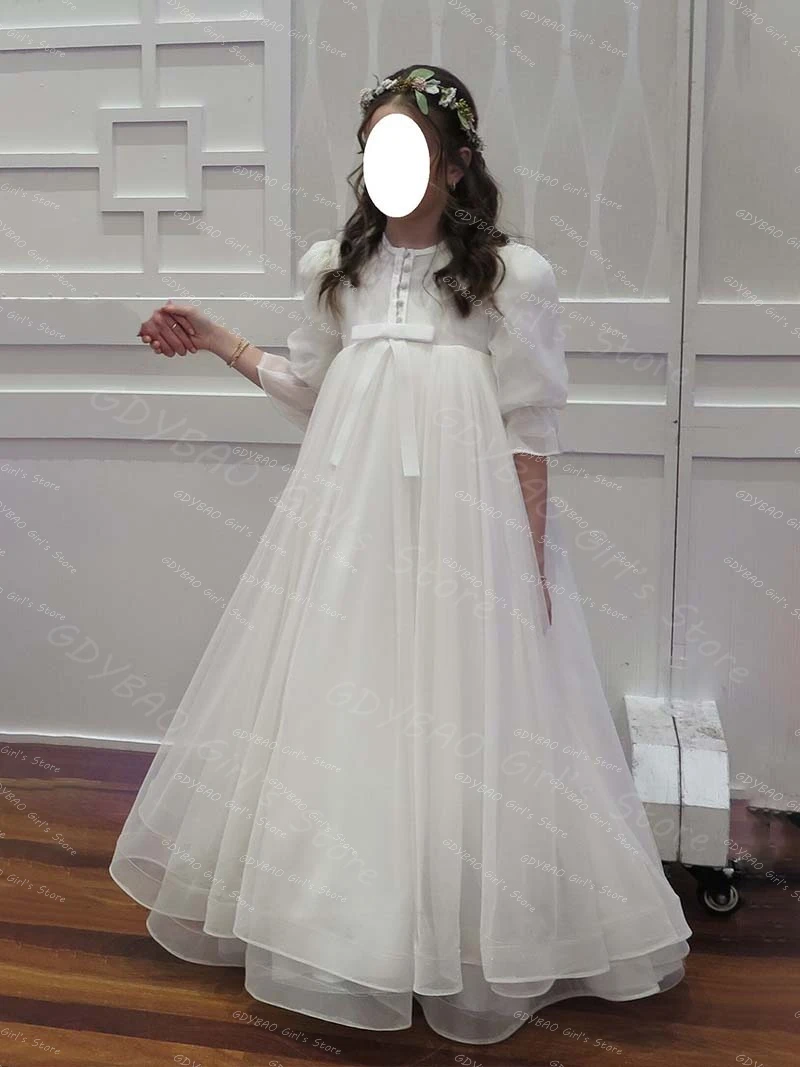 

Customized Kids Birthday Dress Ivory First Communion Dress Elegant High Waist Balloon Sleeve Wedding Party Gown for Flower Girls
