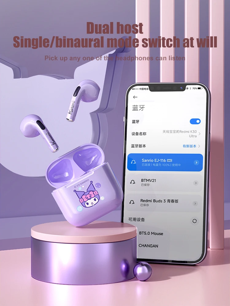 Sanrio Gifts Cinnamoroll Bluetooth Headset Kuromi Genuine joint Wireless Earphones My Melody Music Noise Reduction Headphones