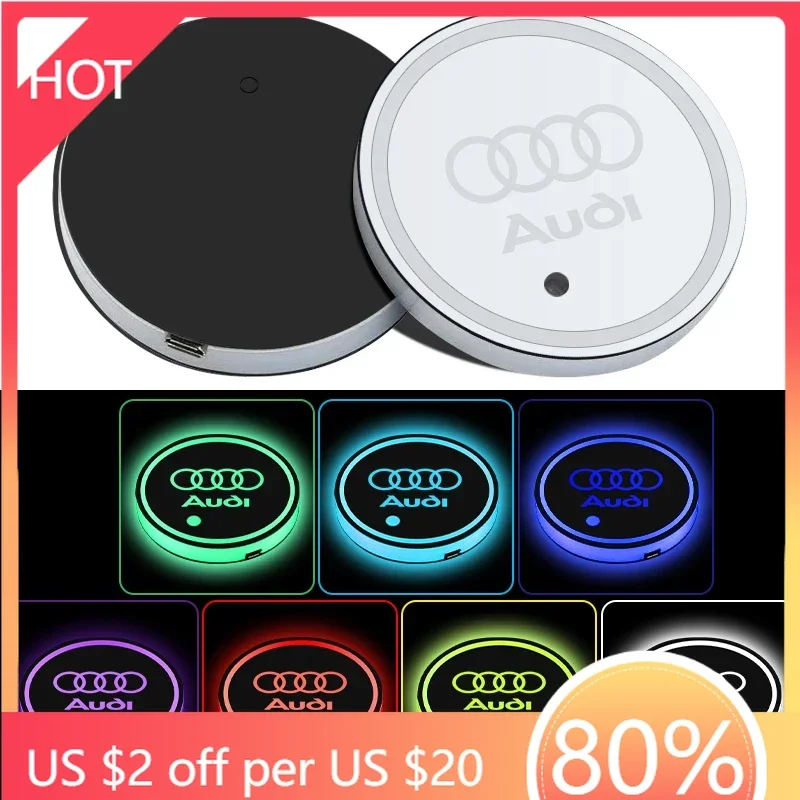 

2025 Hot 2PCS LED 7 Color-Changing Light Up Cup Holder Pad Car Accessories for Audi Sline A1 A2 A3 A4 A4L A5 A6 A7 A8 A8L TT Q1