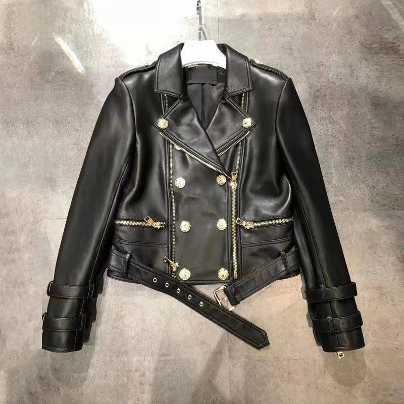 100% Real Leather Moto & Biker Jackets 2025 Fashion Zipper Women Lapel Full Sleeve Casual Slim-fit A-level Sheepskin Jacket Coat