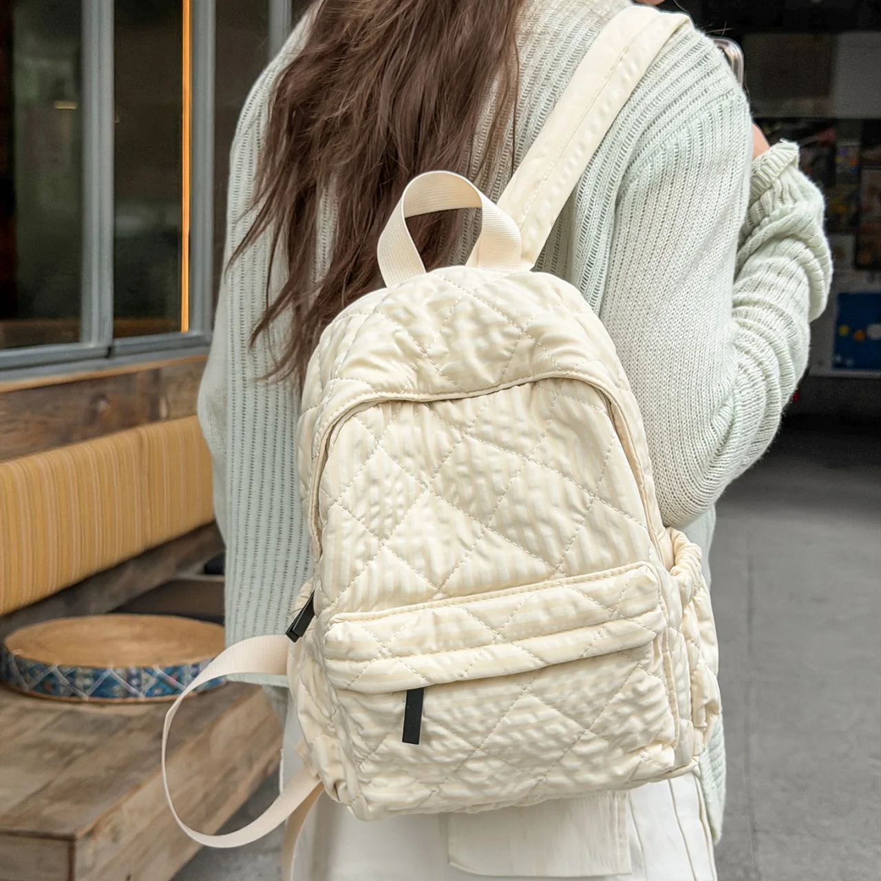 Quilted Plaid Nylon Backpack Women Large Capacity Y2K Style Daypack Lightweight Travel Rucksack Fashion School Bag For Girls