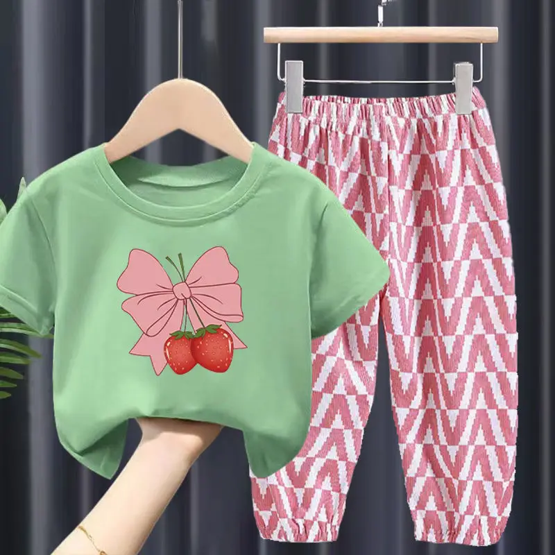 Fashion Children Girl Sets Summer Kids Casual Sportswear Strawberry Printed Shorts Sleeved Tops+pants 2Pcs Sets Kids Girl Suit