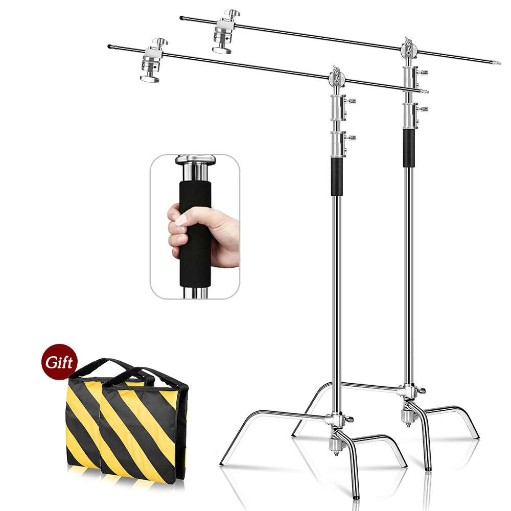 SH Stainless Steel Heavy Duty C Stand with Boom Arm Max Height 260cm Photography Light Stand with 107cm Holding Arm 2 Grip Head