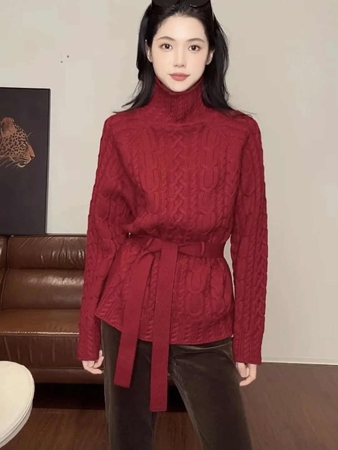 

Корейский свитер с высоким воротником и узором косы, женский свободный вязаный топ, утепленная верхняя одежда для осени и зимы, модная повседневная одежда