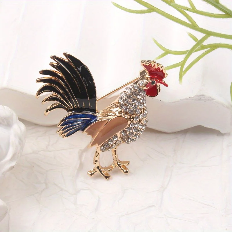 Vibrant Rooster Brooch, Enamel & Crystal Whimsical Statement Fashion Accessory