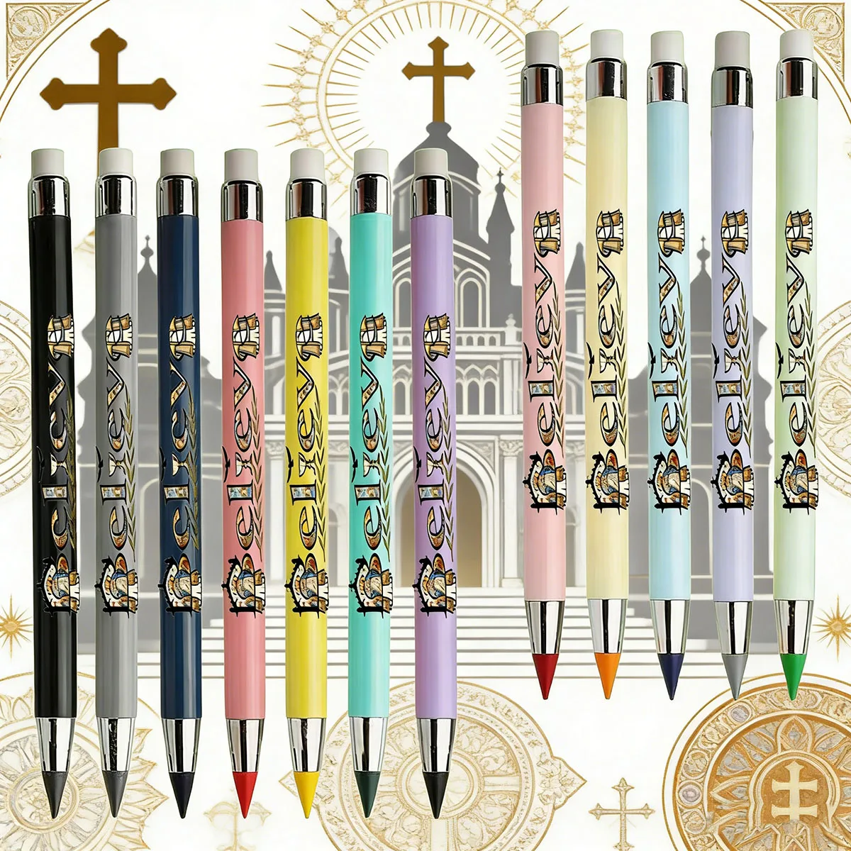 

12pcs religious writing pattern eternal colored pencil is not easy to break pencil student stationery colored lead