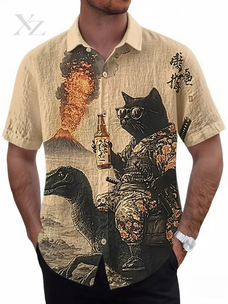 Men's Retro Japanese Art Hawaiian Shirt Samurai Cat Riding Dinosaur Volcano Print Short Sleeve Button Down Casual Beach Shirt
