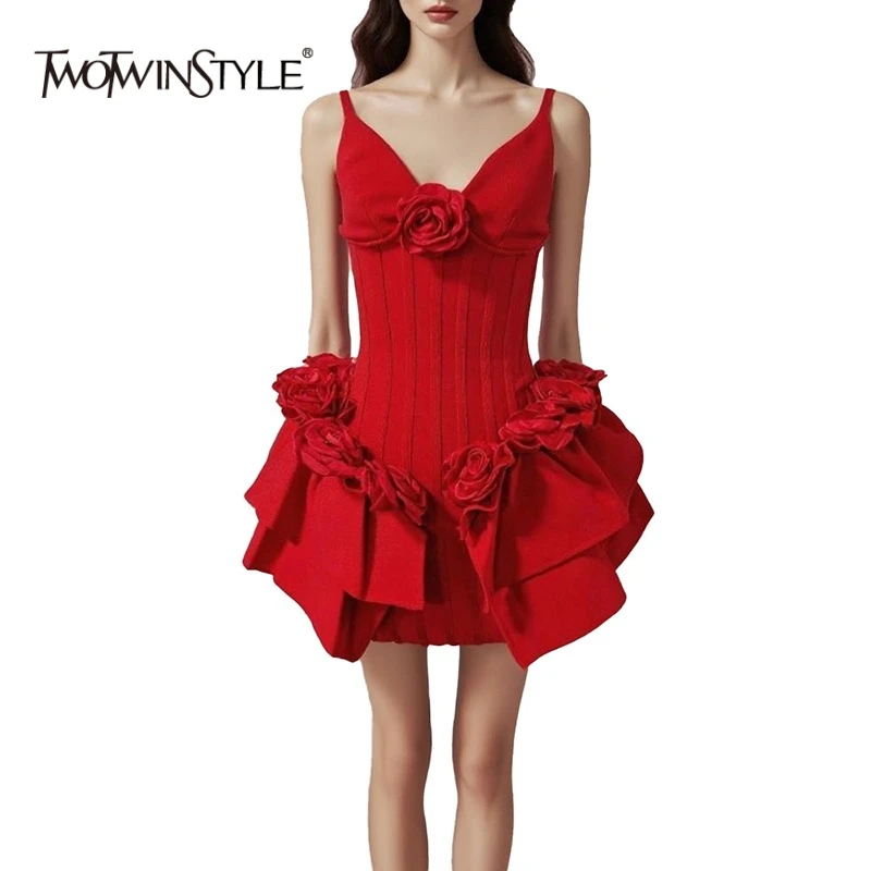 

TWOTWINSTYLE Red Slimming Spliced 3D Flower Elegant Mini Dress Female V Neck Sleeveless Patchwork Ruffles Folds Dress Female New
