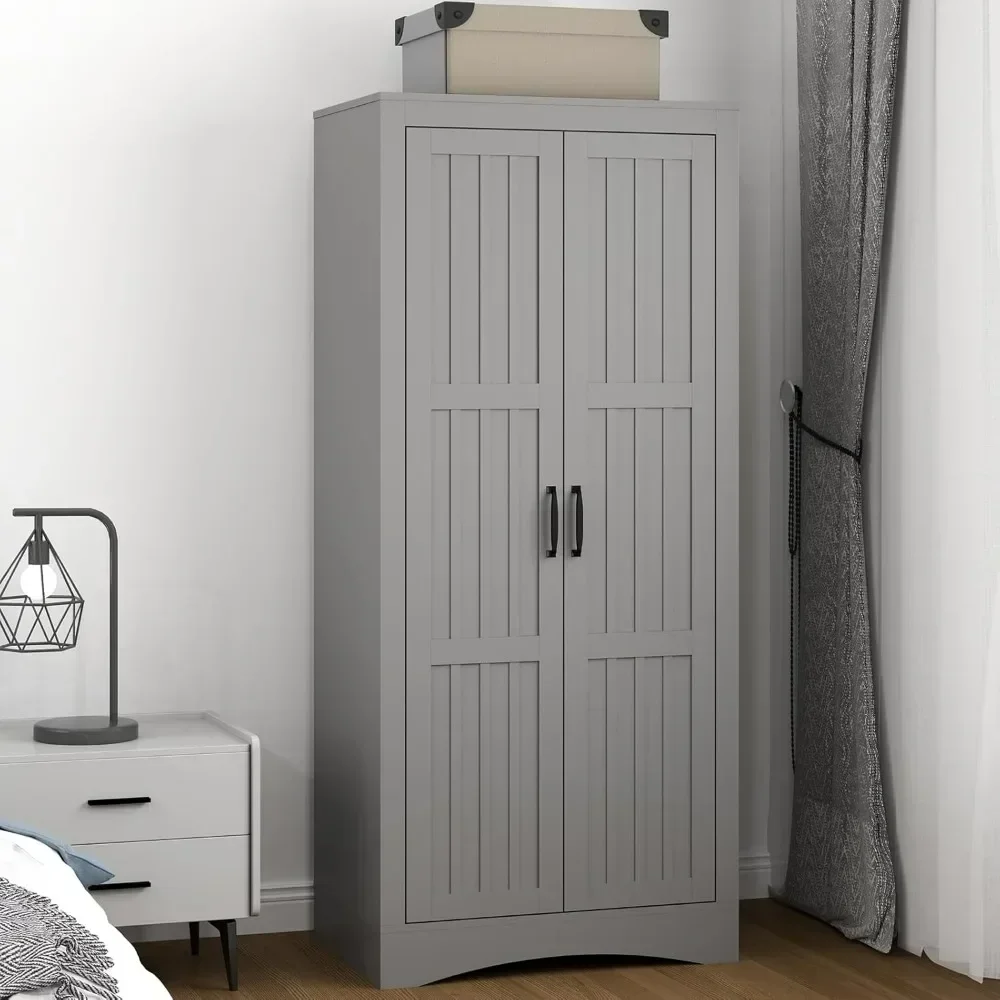 2 modern independent wardrobes with shelves and metal hangers, grey wooden bedroom wardrobe for organizing clothes