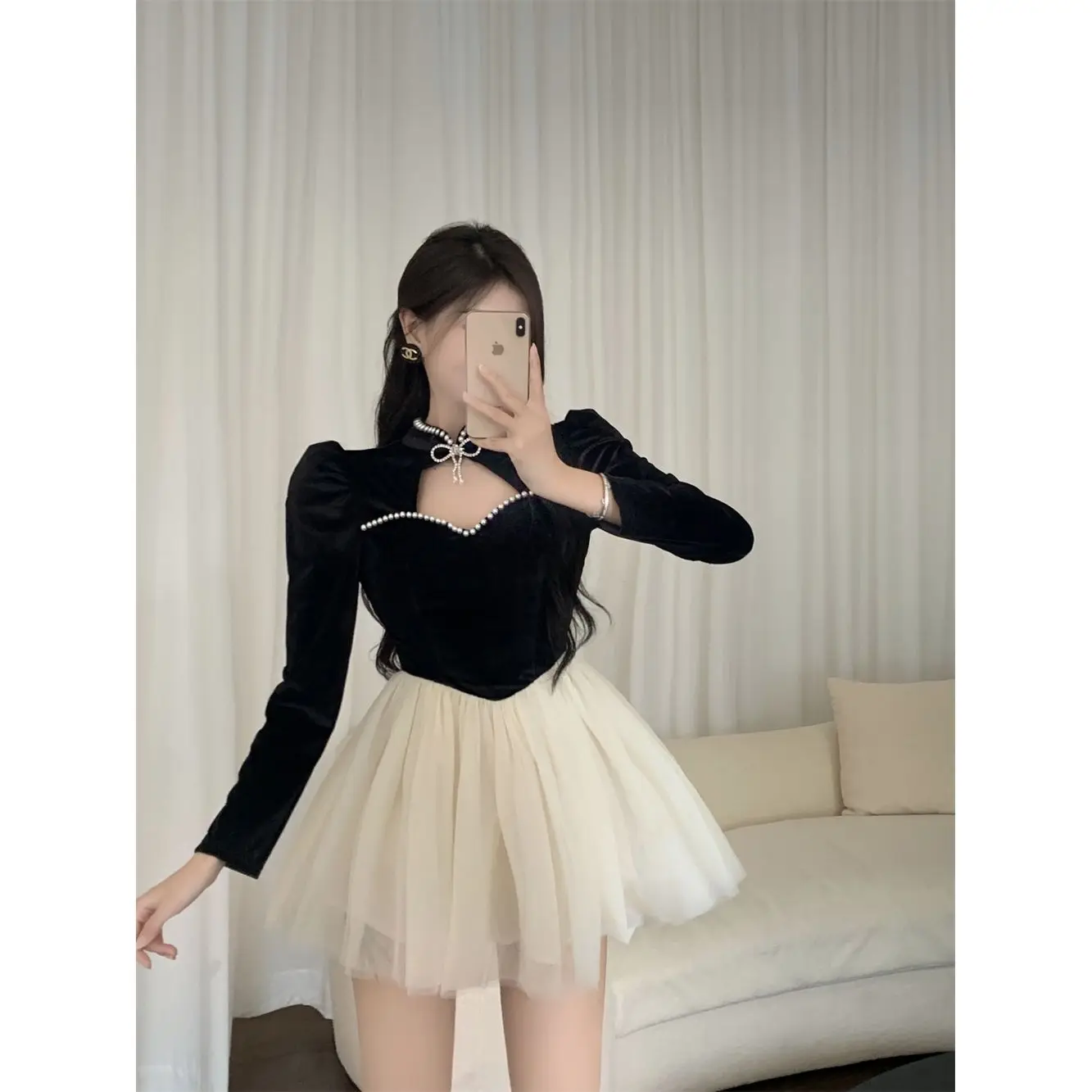 

Sexy Black Patchwork Dresses 2023 Spring Summer Hollow Sexy Velvet Long Sleeve Splicing High Waist Mesh Puffy Vestidos Female