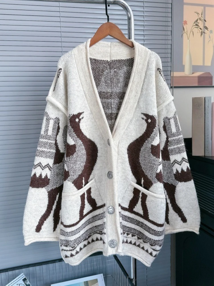 

Осенне-зимний свитер в ленивом стиле с v-образным вырезом в стиле пэчворк, жаккардовые карманы, дизайнерский кардиган, 2025 вязаных топов, модная винтажная женская одежда